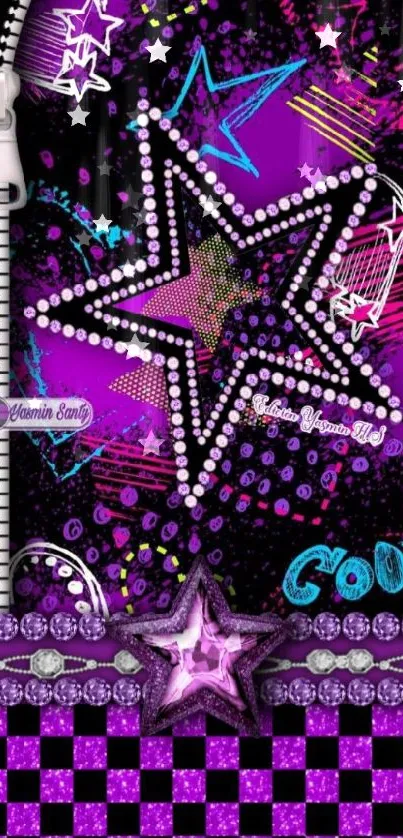 Purple star-themed wallpaper with neon patterns and zipper design.