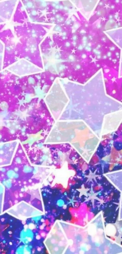 Vibrant purple wallpaper with glowing star shapes.