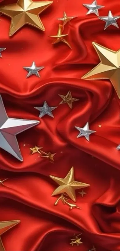 3D stars on red silk mobile wallpaper.