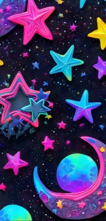 Vibrant wallpaper with colorful stars and moon on a black background.