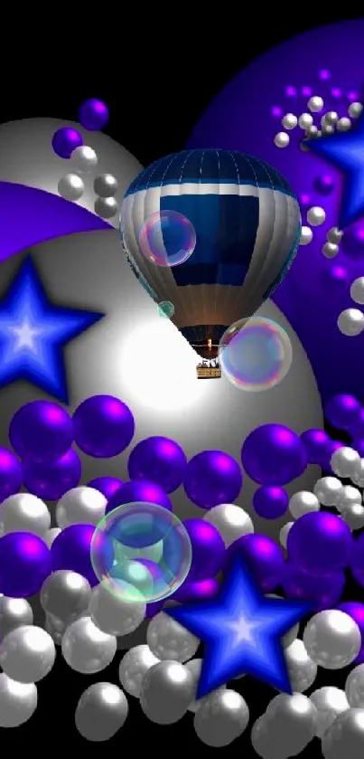 3D hot air balloon among purple and white spheres with glowing stars.