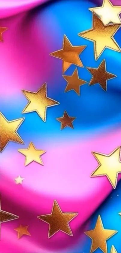 Vibrant wallpaper with golden stars on pink and blue gradient.