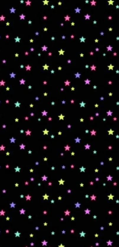 Vibrant star-patterned wallpaper with neon colors on black.