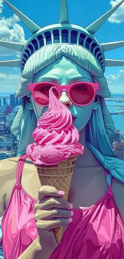 Colorful artistic depiction of the Statue of Liberty holding an ice cream.