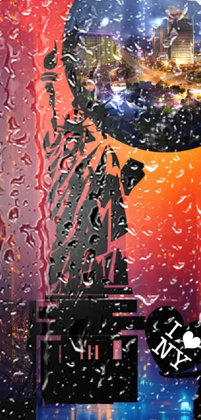 Statue of Liberty with fiery cityscape background and rain effect.