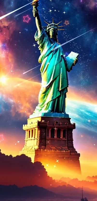 Statue of Liberty with cosmic background wallpaper.