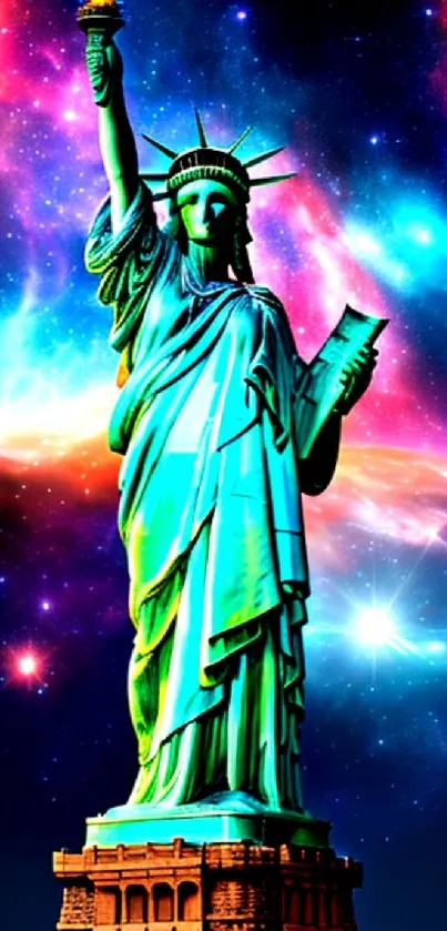 Statue of Liberty in a colorful galaxy background, perfect for mobile wallpaper.