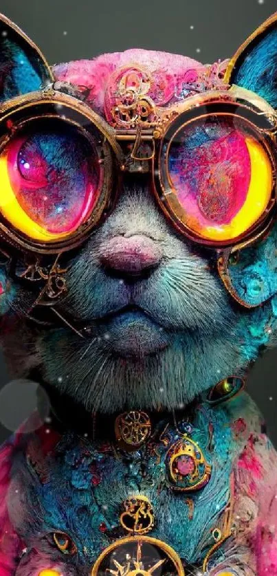 Steampunk cat with neon details in vibrant colors, perfect for mobile wallpaper.