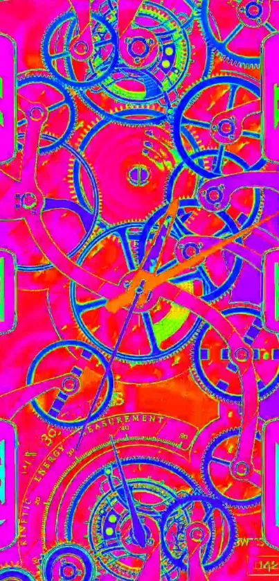 Vibrant steampunk wallpaper with neon clock gears.