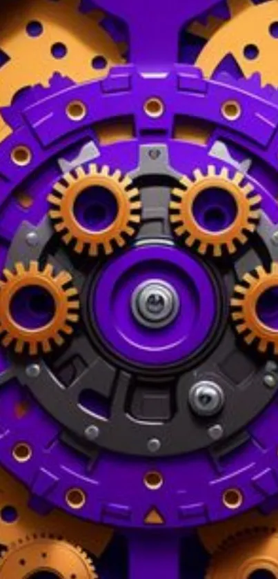 Steampunk purple and orange gear design wallpaper.