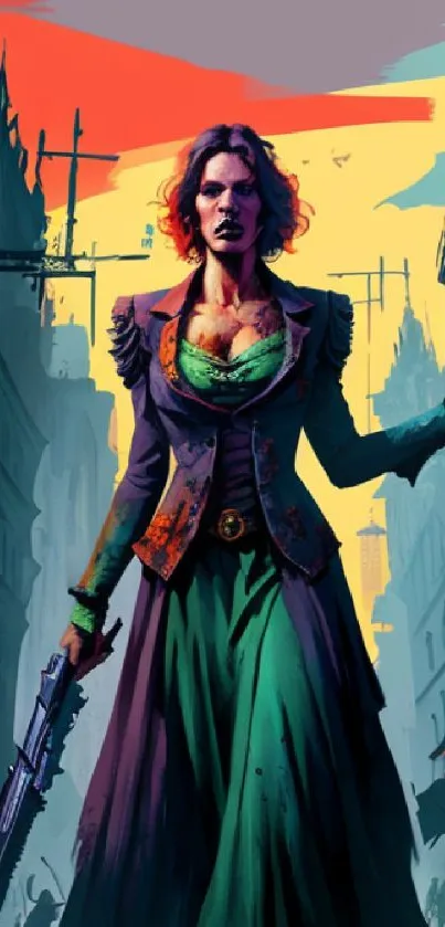 Steampunk warrior in a vibrant dystopian city.