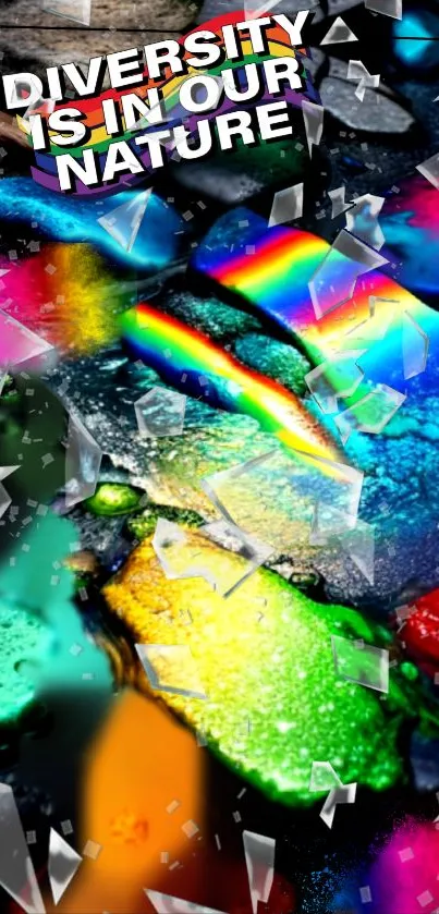 Colorful stepping stones in water with vibrant rainbow hues.