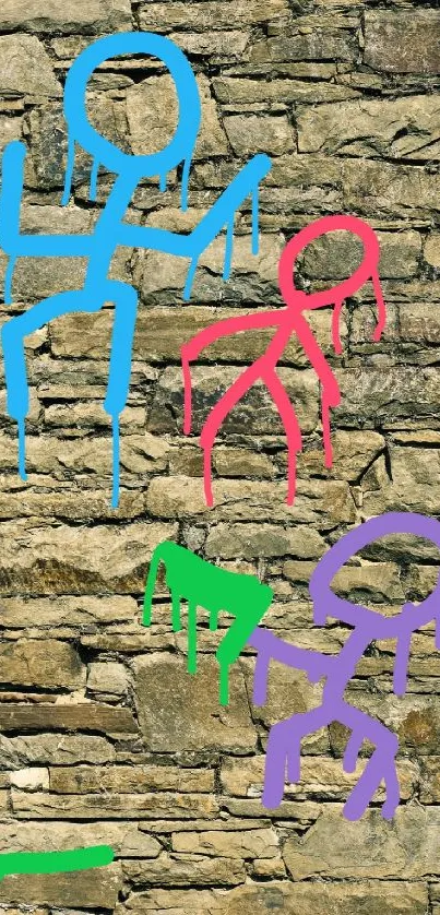 Colorful stick figures on a rustic stone wall create a vibrant phone wallpaper.