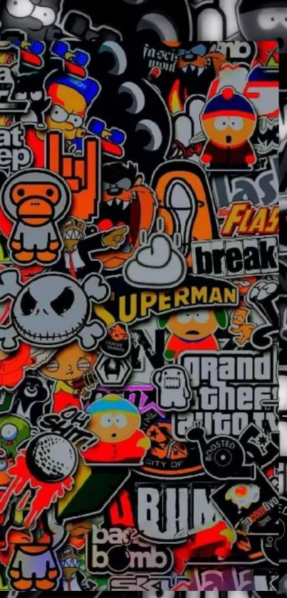 Colorful sticker bomb art featuring playful characters and graphics.