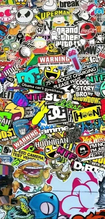 Vibrant sticker bomb wallpaper with colorful designs.