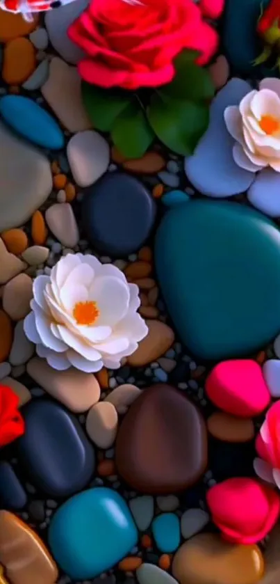 Colorful stones and vibrant flowers arranged artistically on mobile wallpaper.