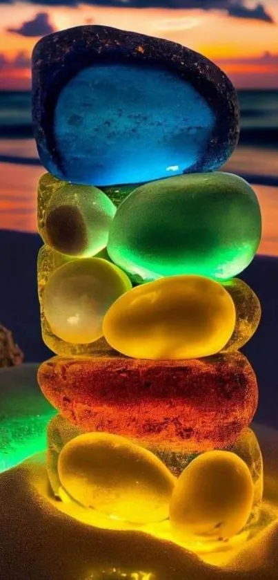 Stack of colorful glowing stones on beach at sunset.