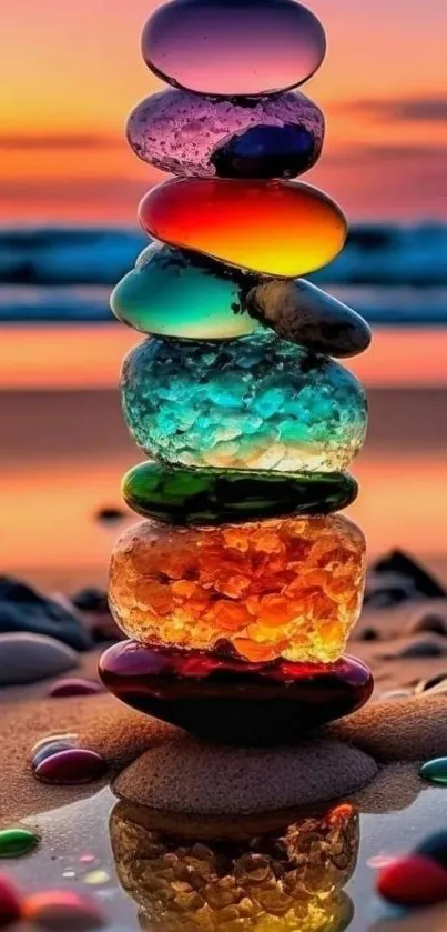 Colorful stones stacked on a beach at sunset, reflecting vibrant colors.