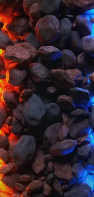 Glowing stones with vibrant red and blue highlights creating a dynamic wallpaper.