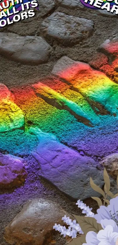 Vibrant rainbow spectrum over rustic stone texture on mobile wallpaper.