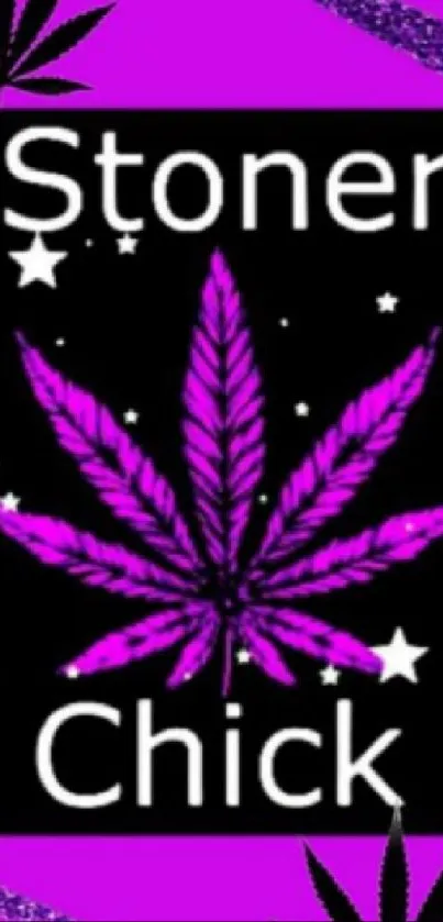 Purple cannabis leaf with stars on a bold magenta background.