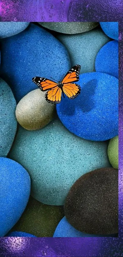 Vibrant wallpaper with stones and butterfly in blue hues.