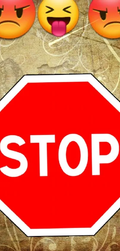 Stop sign with angry emojis on a textured background.