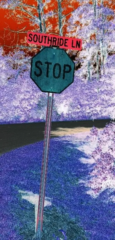 Vibrant stop sign with red sky and purple trees.