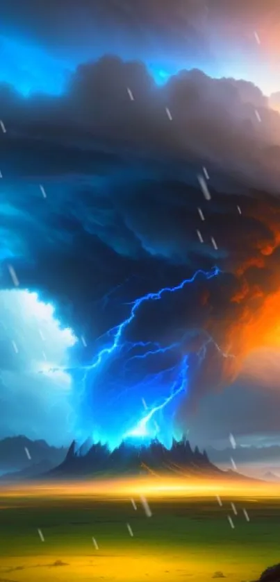 Vibrant storm cloud with blue and fiery hues over a landscape.