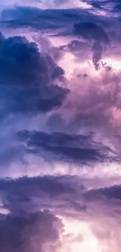 Vibrant stormy sky with dramatic clouds and purple hues.