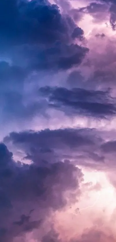 Vibrant storm clouds with purple hues and lightning.