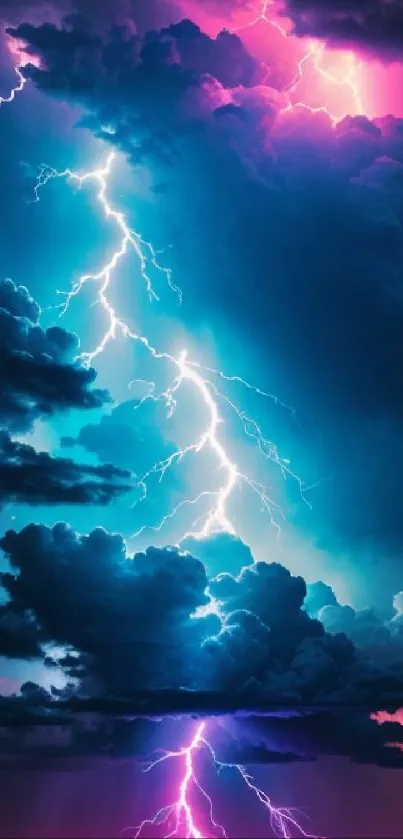 Vibrant lightning storm with pink and blue clouds on mobile wallpaper.