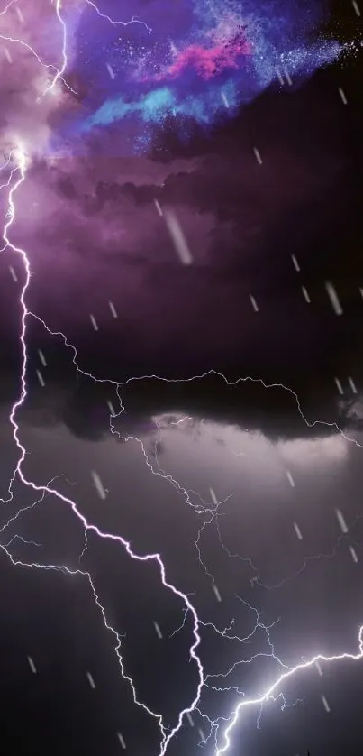 Vivid lightning storm with purple and blue sky, capturing nature's powerful energy.