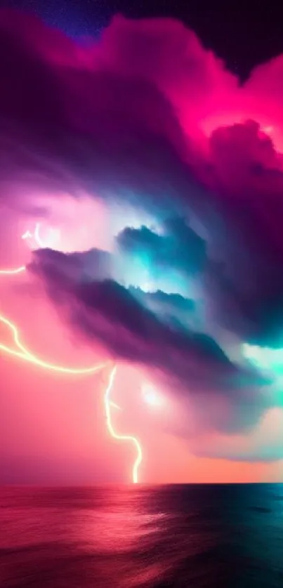 Vibrant lightning storm over colorful ocean at dusk.