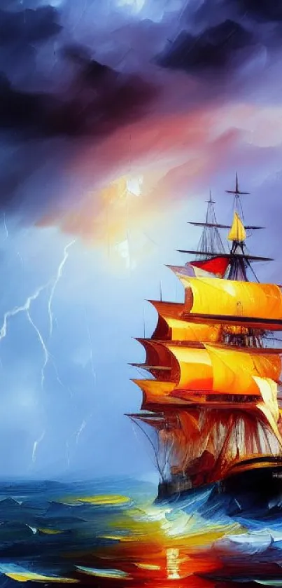 Ship with vibrant sails in a stormy ocean scene.