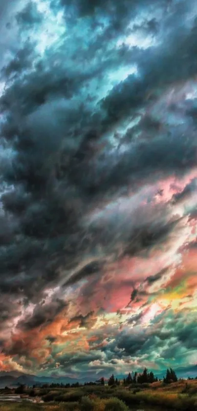 Vibrant stormy sky with colorful clouds.