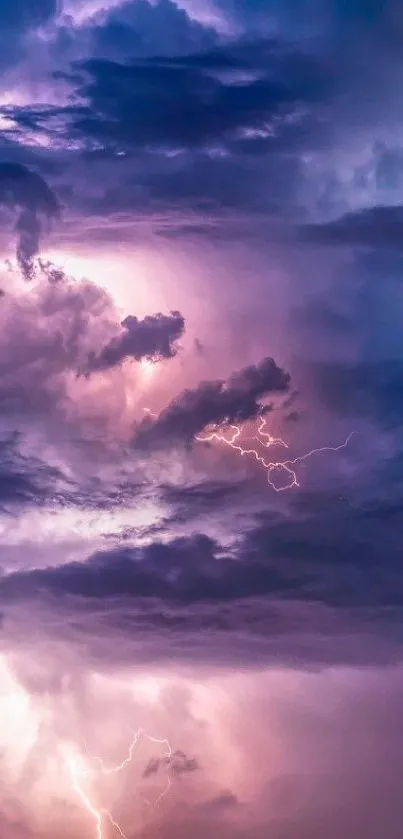 Purple stormy sky with lightning and clouds.