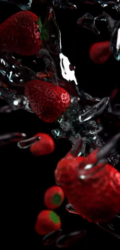 Dynamic wallpaper of strawberries splashing in water with a dark background.