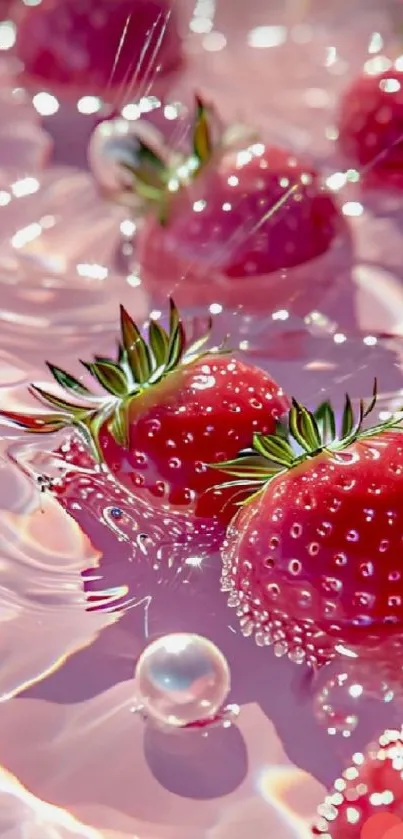 Fresh strawberries floating in pink water, vibrant and refreshing.