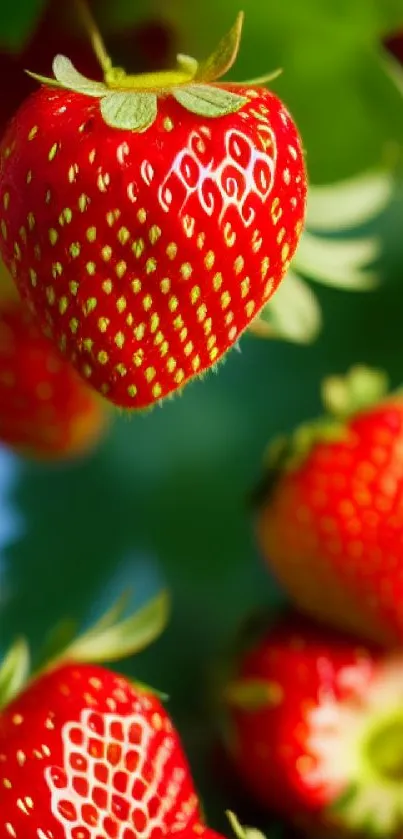 Close-up of vibrant red strawberries with green leaves on a mobile wallpaper.
