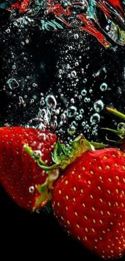 Strawberries submerged in vibrant underwater scene.