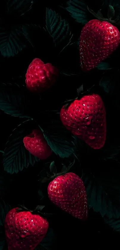 Mobile wallpaper featuring vibrant red strawberries on dark leaves.