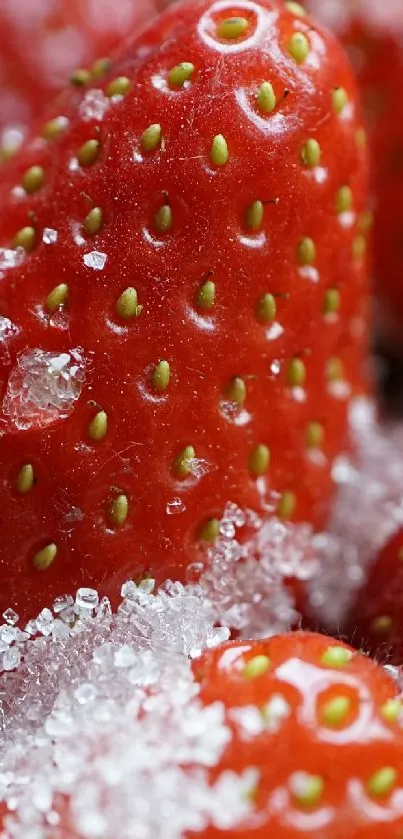 Close-up of strawberries with sugar crystals, vibrant red.