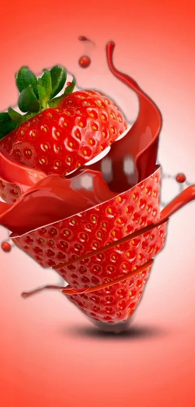 Sliced strawberry with abstract red art design on a vivid background.