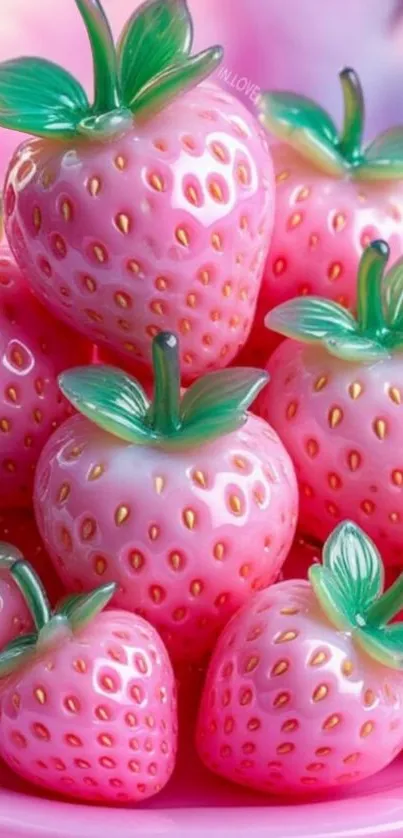 Vibrant pink strawberries with green leaves in a decorative arrangement.