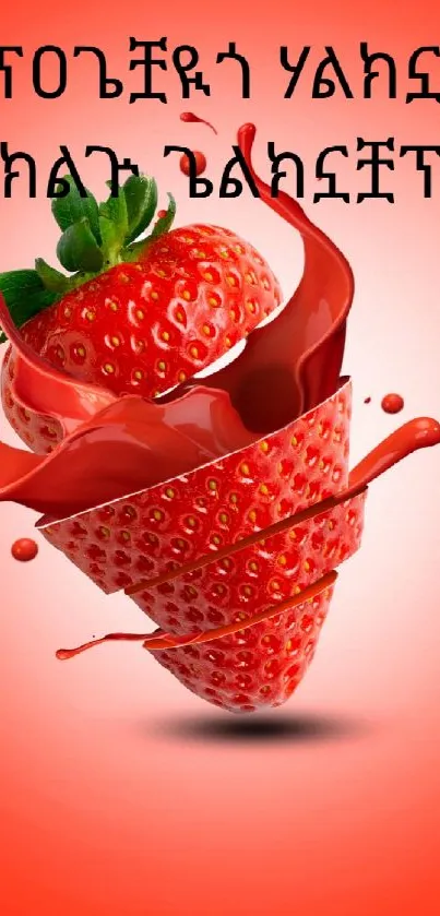 Dynamic strawberry splash on vibrant red background.