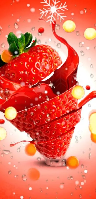 Vibrant sliced strawberry design with red artistic background.