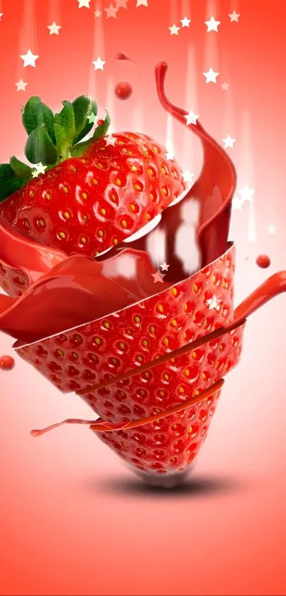 Spiral-cut strawberry with stars on red background.