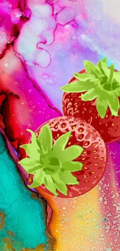 Vibrant strawberries on colorful abstract background wallpaper.