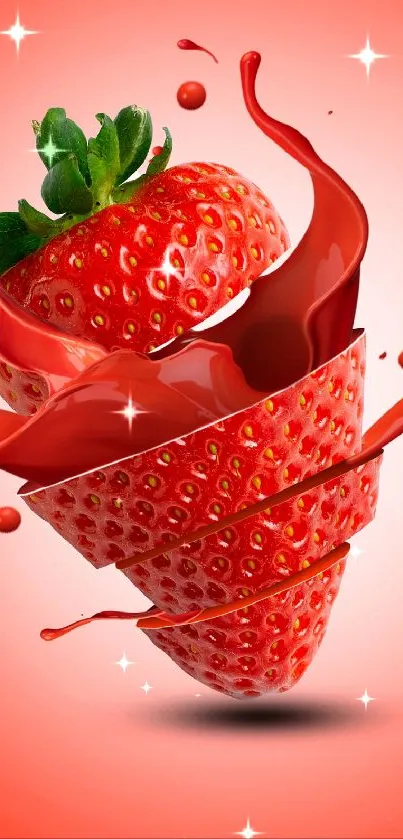 Dynamic sliced strawberries with red splashes on phone wallpaper.